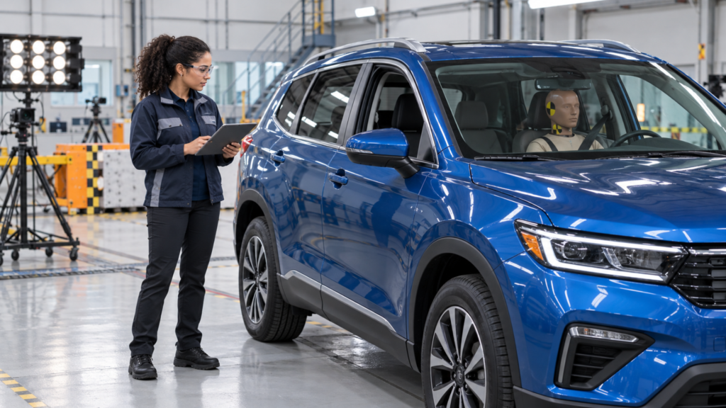 Automotive engineer reviewing car safety ratings in a vehicle testing facility