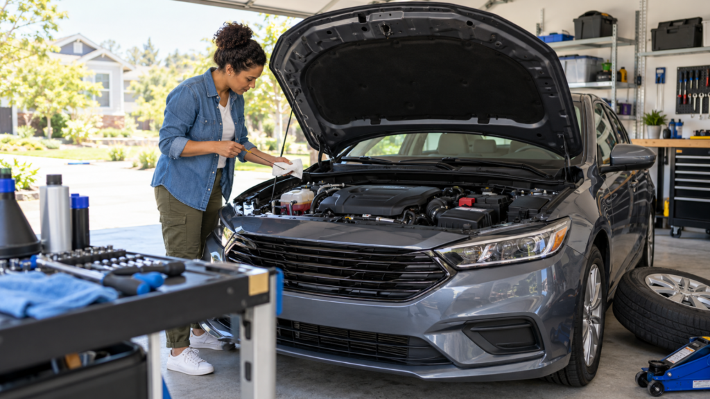 Driver performing essential car maintenance checks