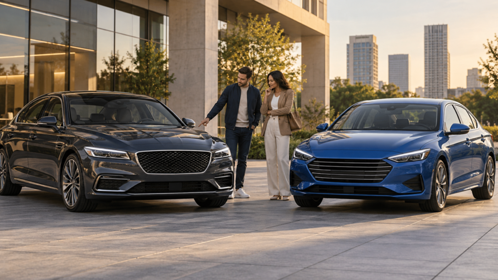 Shoppers comparing luxury and mainstream cars